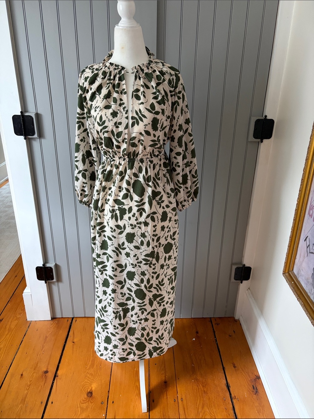 Lush Cream Midi Dress with Olive Green Leaf Print